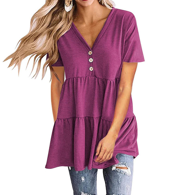 Women's V-neck Short-sleeved Pullover Solid Color Stitching Dresses