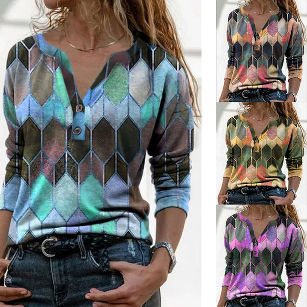 Women's Long Sleeve Printed V-neck Pullover Loose Blouses