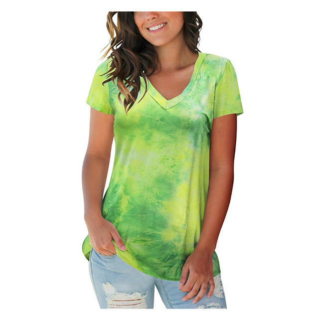 Women's Summer Street Hipster Pullover Tie-dyed V-neck Blouses