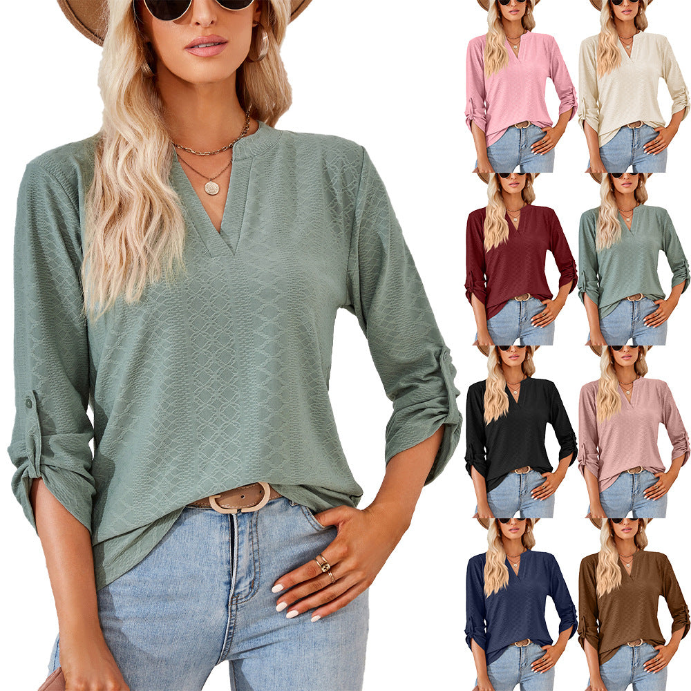 Women's Solid Color And Three-quarter Sleeve Button Blouses