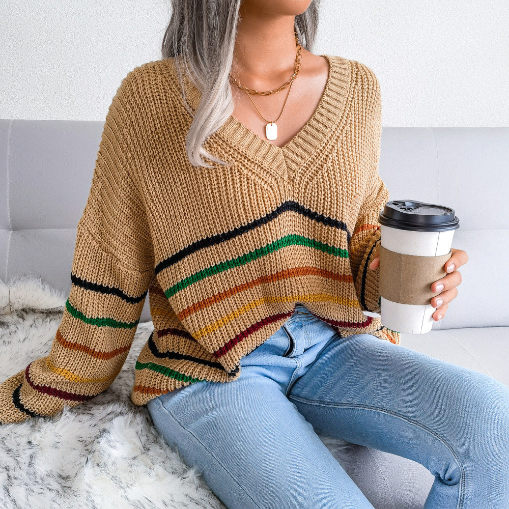 Women's Fashion Wind Rainbow Striped Loose Sweaters