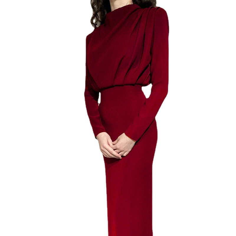 Fashion Temperament Waist-controlled Solid Color Long Sleeve Dresses