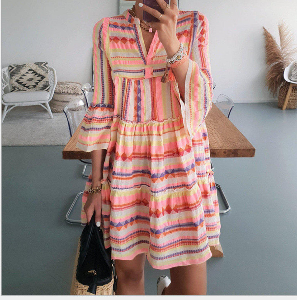 Printed Dress Loose Fashionable V-neck Chiffon Dresses