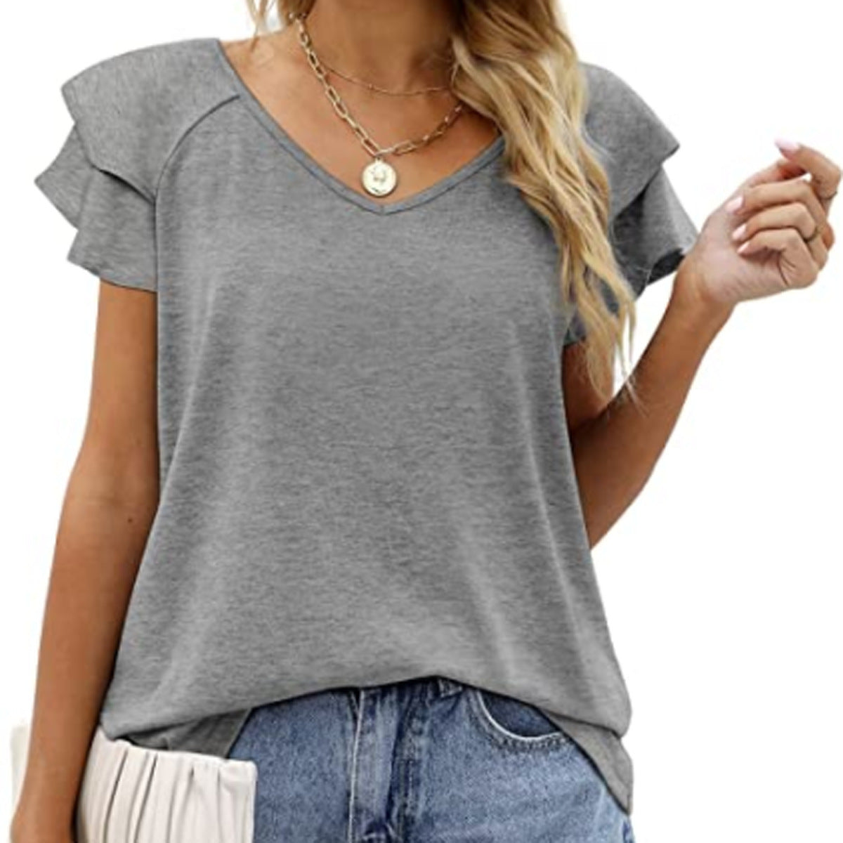 Women's V-neck Double Layer Ruffled Sleeve Blouses