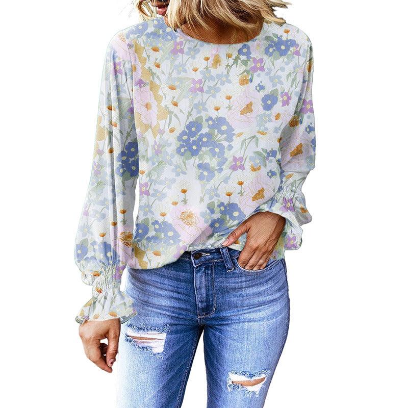 Women's Autumn Floral Round Neck Bishop Sleeves Blouses
