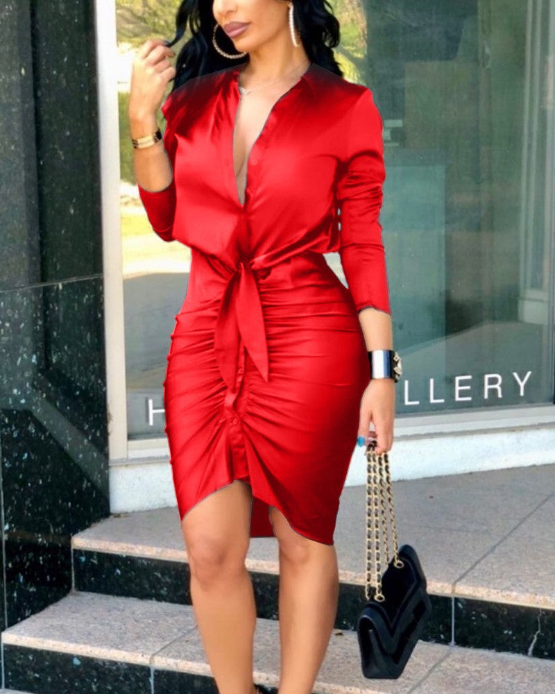 Women's Summer V-neck Lace-up Solid Color Long Sleeve Midi Dress Dresses