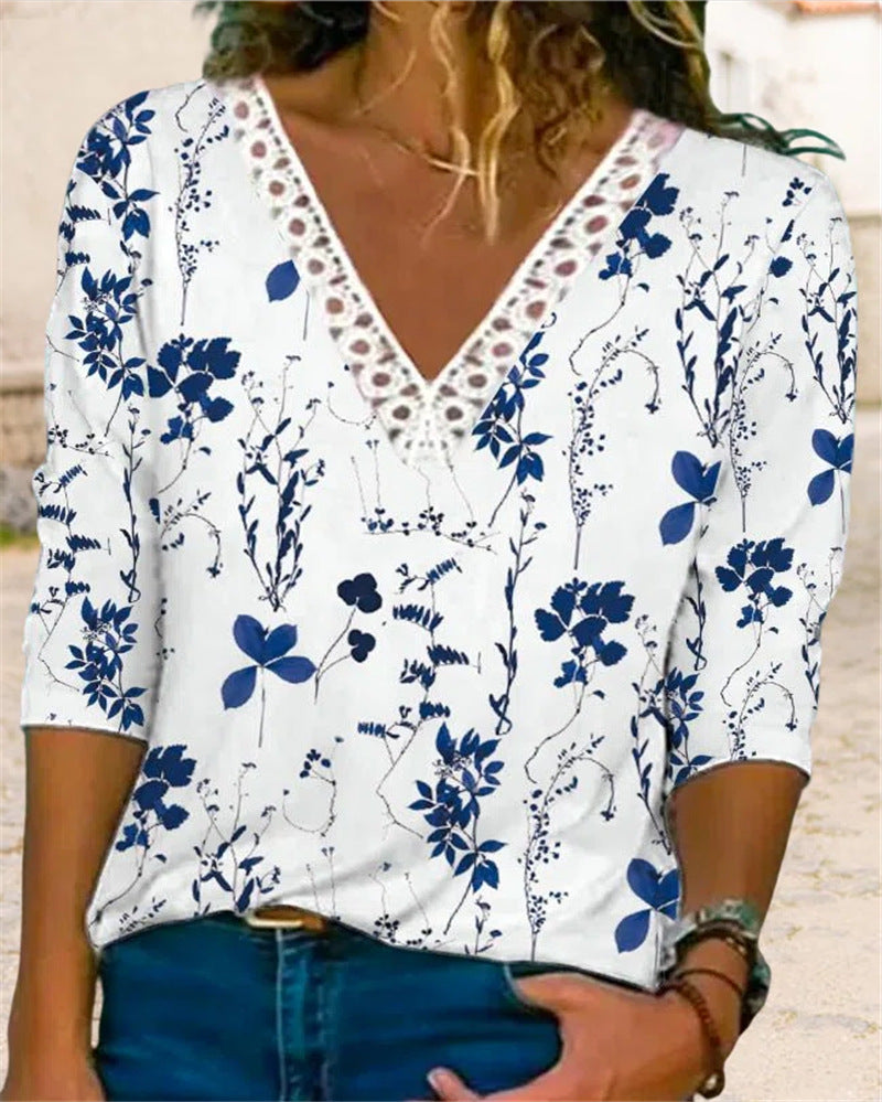 Women's Stylish Autumn V-neck Floral Loose Blouses