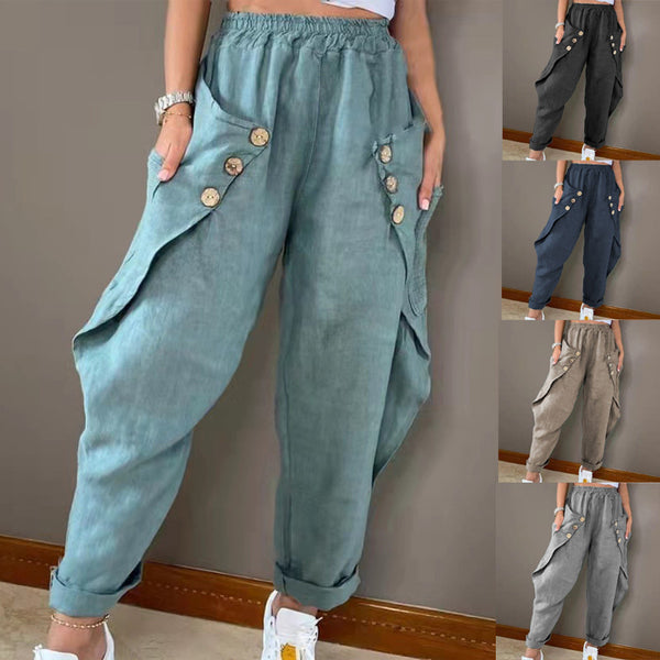 Women's Summer Casual Pocket Button Waist Trimming Pants