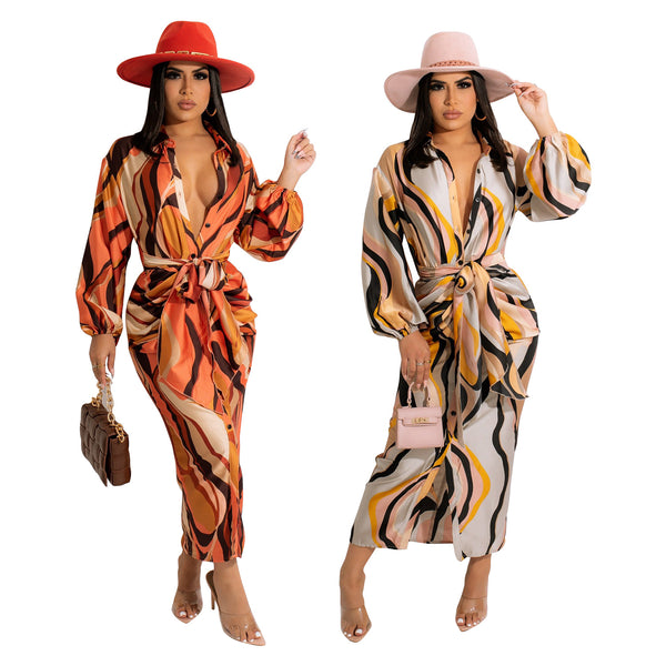 Robes sexy à lacets et à revers pour femmes, mode imprimée, taille