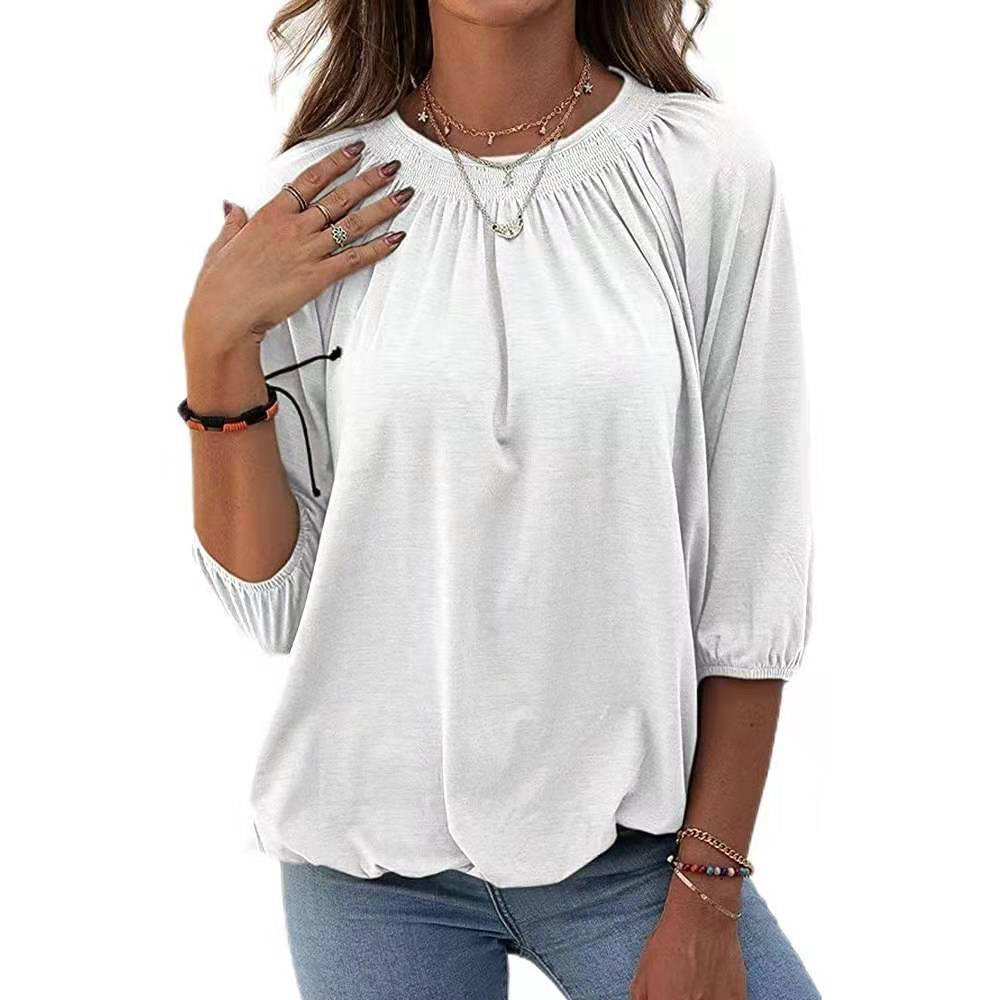 Women's Spring Solid Color Loose Round T-shirt Blouses