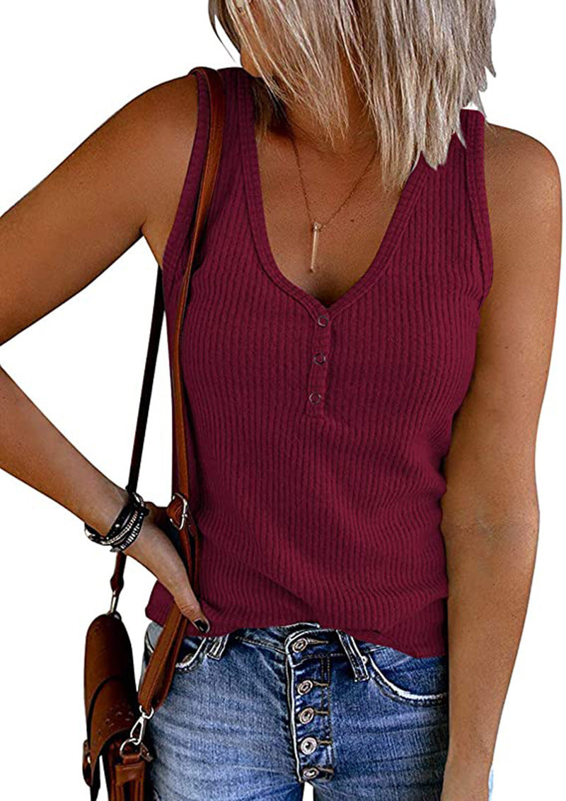 Women's Summer Breasted Knitted Solid Color V-neck Tops