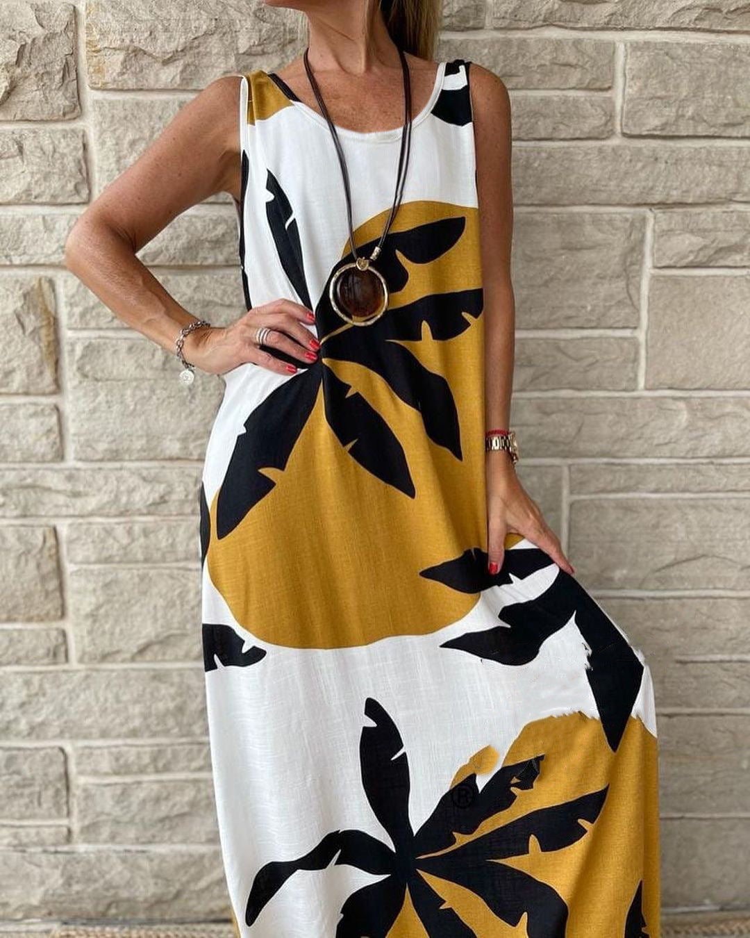 Summer Printed Round Neck Sleeveless Long Dresses