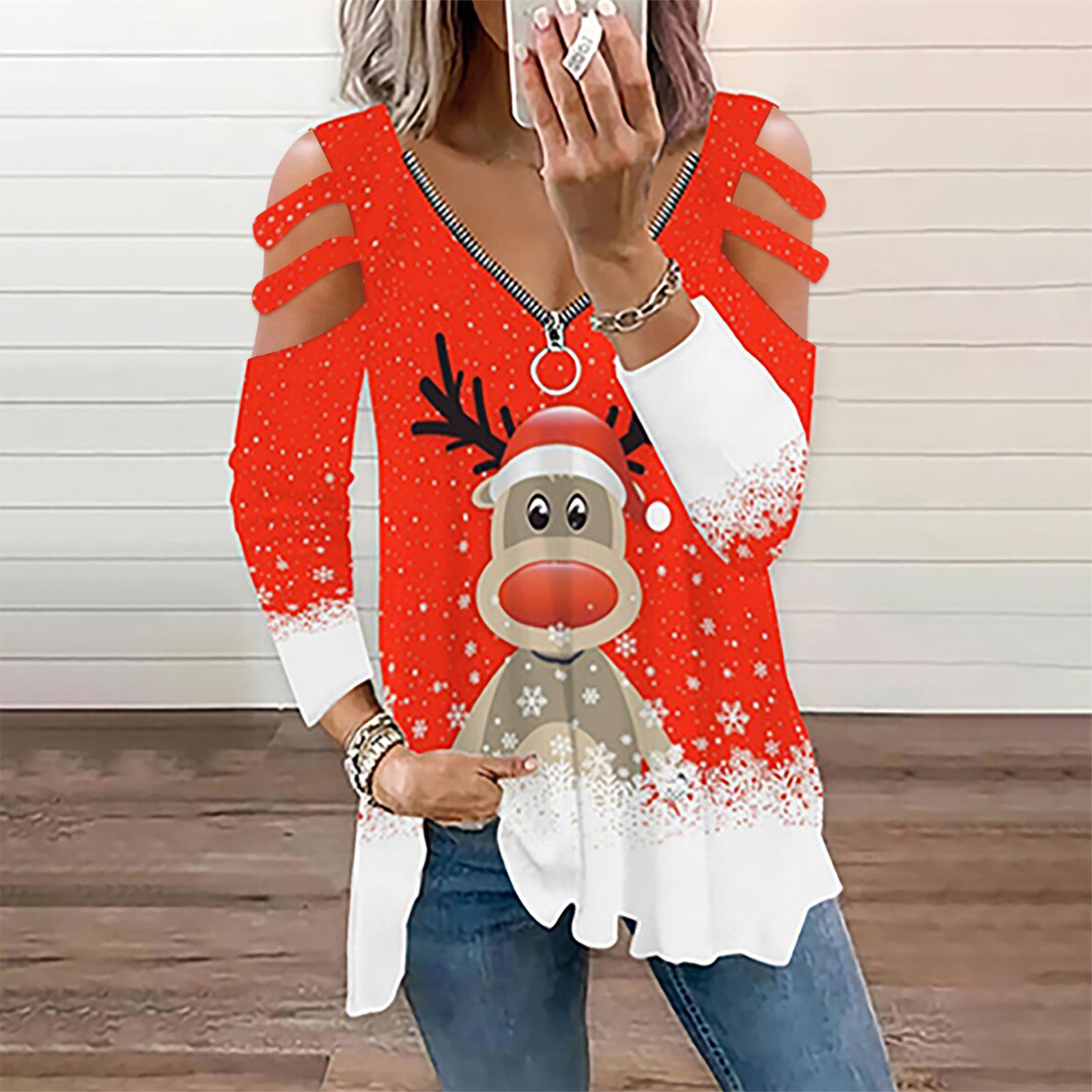 Christmas Elk Digital Printing Loose V-neck Long-sleeve Zipper Tops