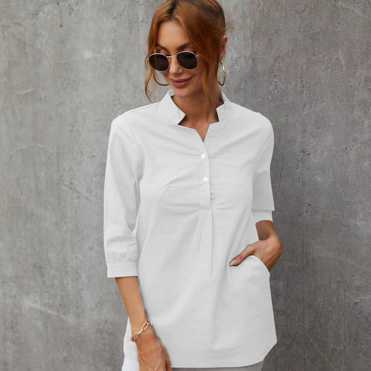 Women's Three-quarter Length Sleeve Stand Collar Cotton And Linen Leisure Blouses