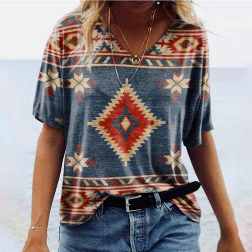 Women's Vintage Printing Geometric Pattern V-neck Sleeve Blouses