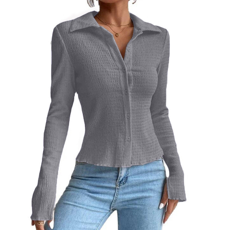 Women's Solid Color Stitching Sleeve Button Lapel Blouses