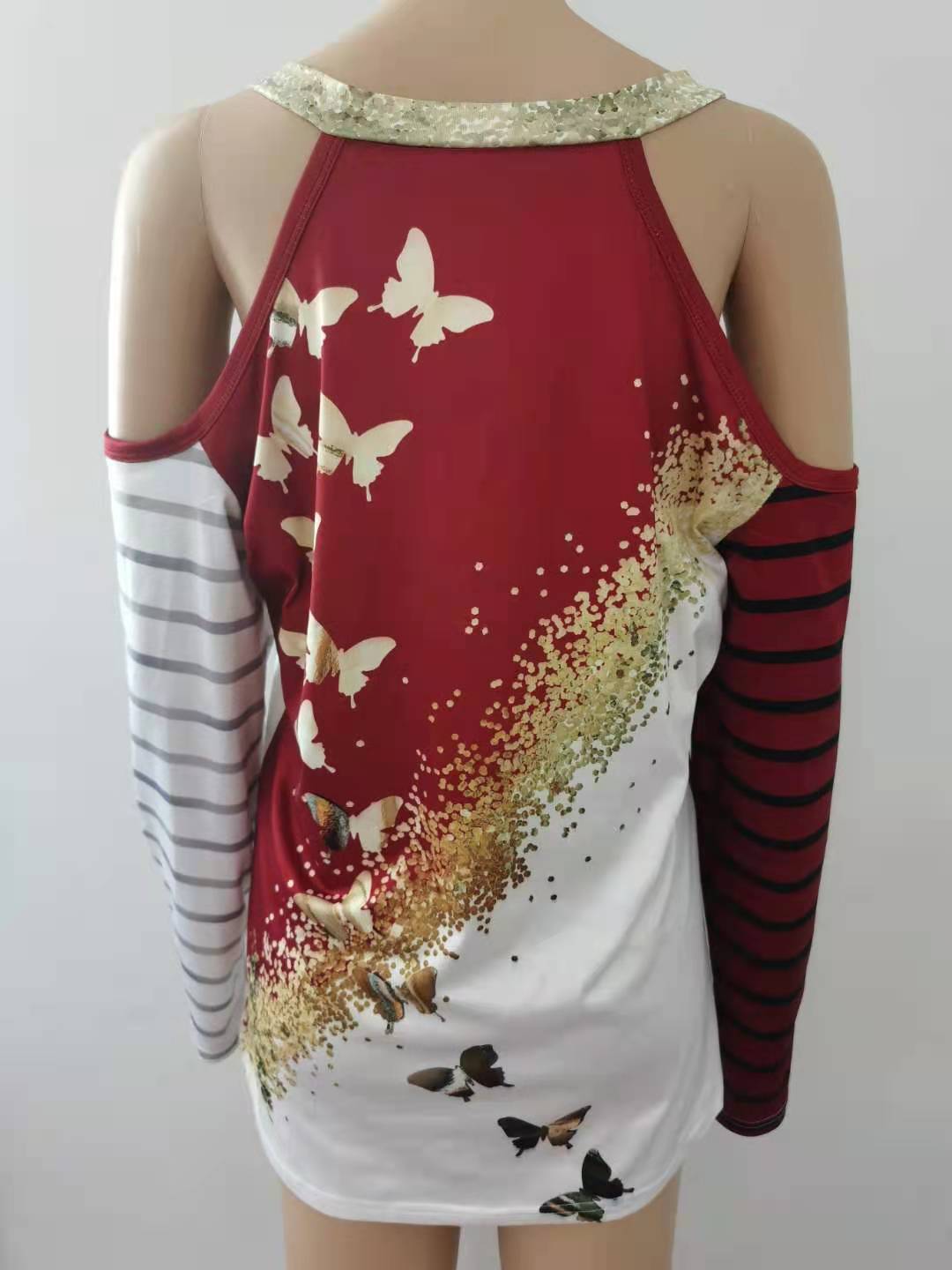 Women's Fashion T-shirt Autumn Print Long Sleeve Off-the-shoulder Tops