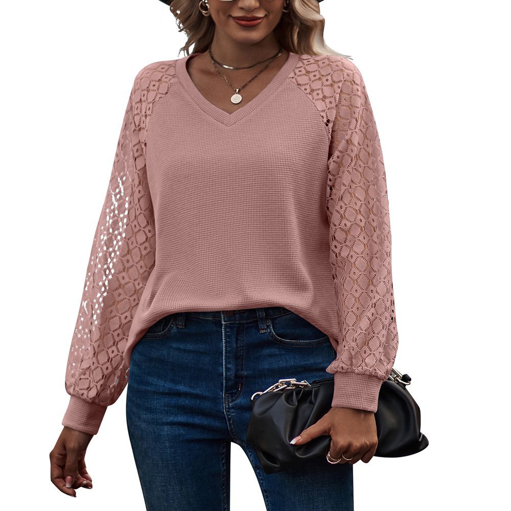 Women's Lace Puff Sleeve V-neck Long Tops