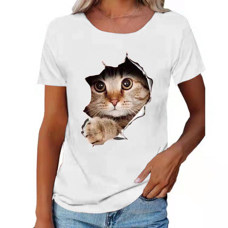 Women's Ripped Cat Round Neck Stylish Loose Blouses