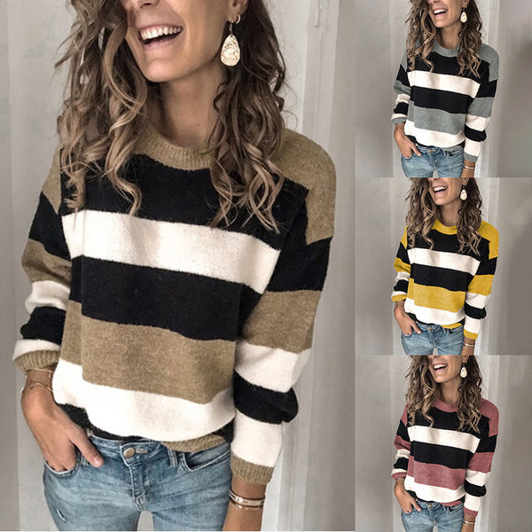 Women's Large Contrast Color Striped Pullover Loose Sweaters