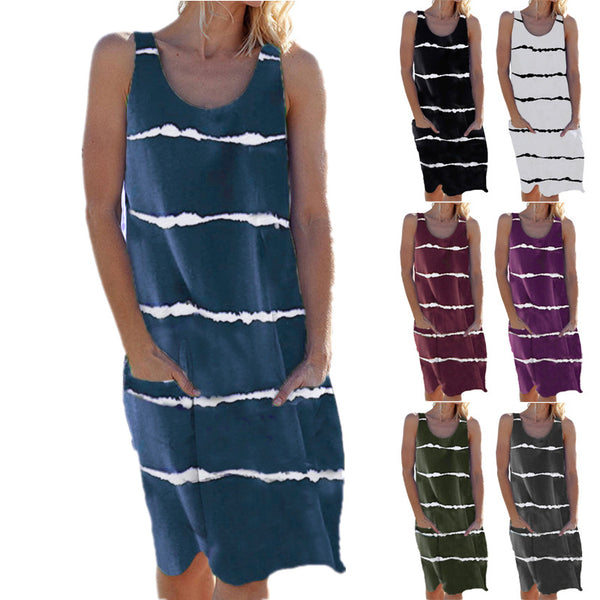 Women's Summer Round Neck Printed Striped Pocket Dresses