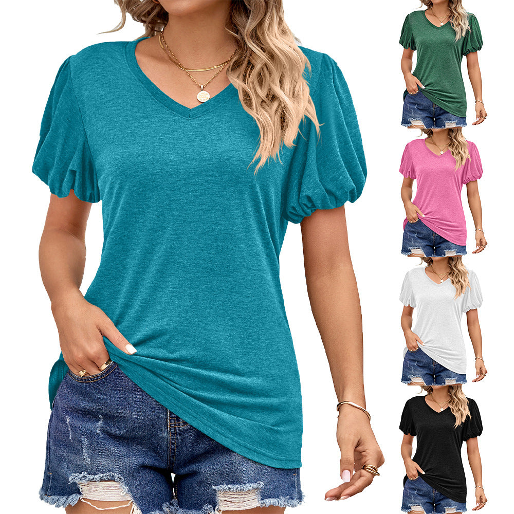 Women's Summer Solid Color V-neck Princess Sleeves Blouses