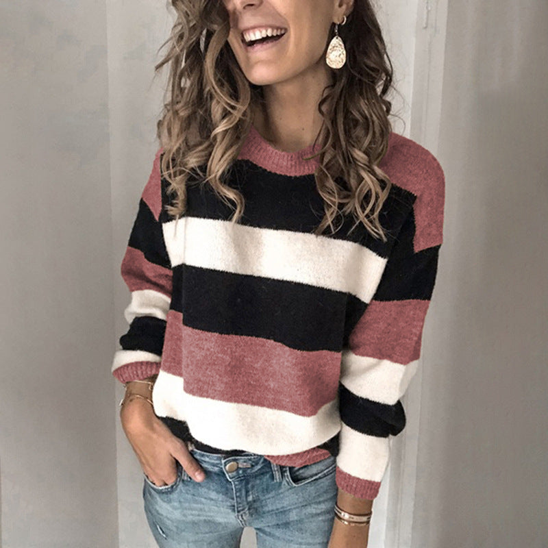 Women's Large Contrast Color Striped Pullover Loose Sweaters