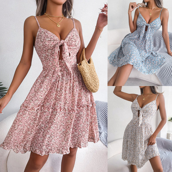 Women's Floral Bow V-neck Ruffled Large Swing Dresses