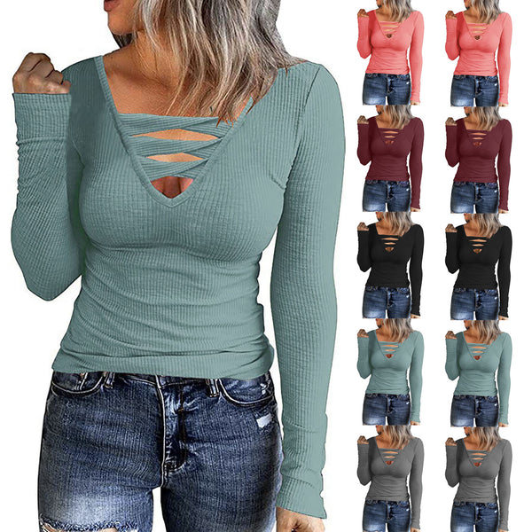 Women's Autumn Button Color V-neck Long Sleeve Blouses