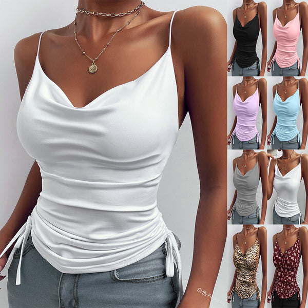 Summer Printed Camisole Solid Color Deep V-neck Strap Tight Drawstring Tops