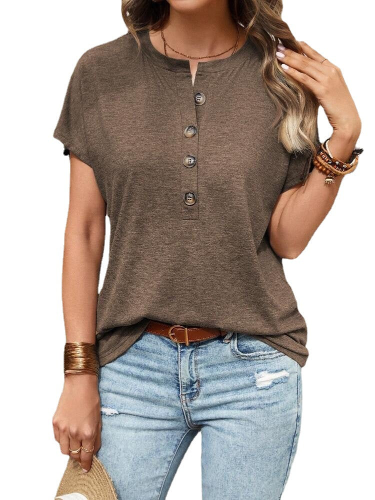 Women's Solid Color Button Fashion Sleeve T-shirt Blouses