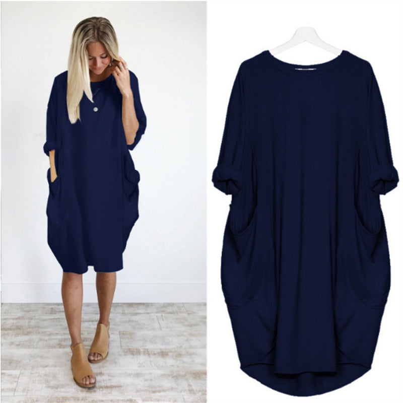 Women's Autumn Long Sleeve Round Neck Solid Color Loose Pockets Dresses