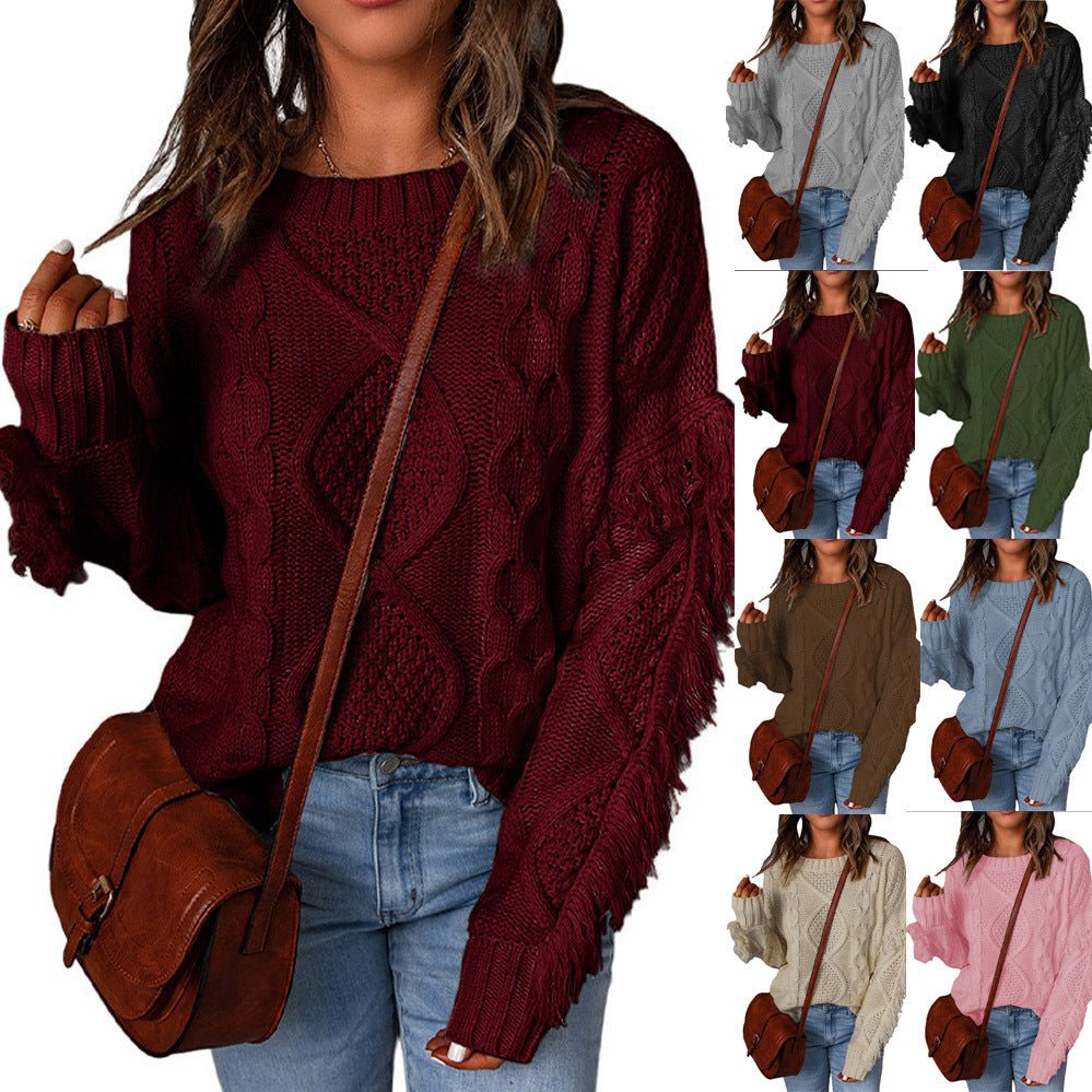 Women's Tassel Solid Color Pullover Round Neck Sweaters