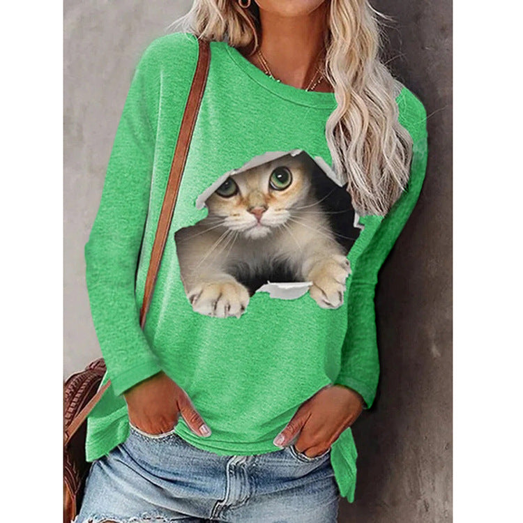 Women's Round Neck Pullover Cat Long Sleeve Blouses