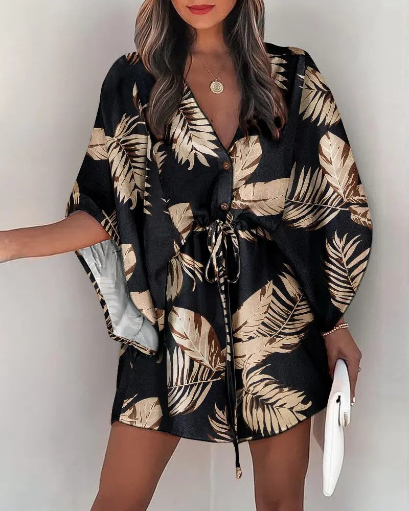 Women's Summer Sleeves V-neck Lace-up Printed Beach Dresses