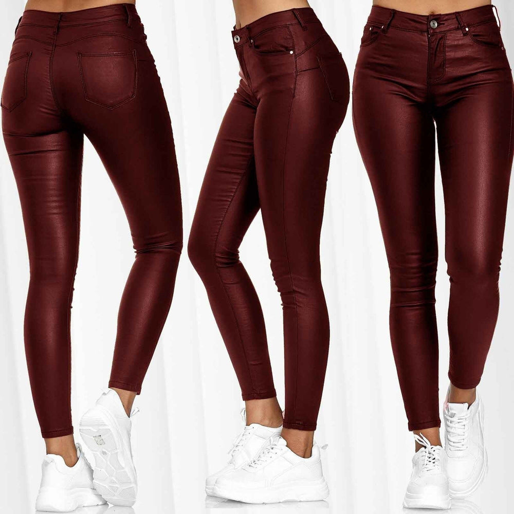 Women's Waist Pure Color Leather Casual Skinny Pants