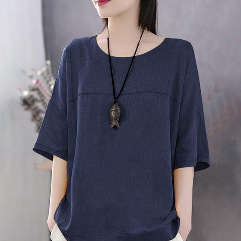 Women's Casual Short-sleeved Cotton And Linen Loose Bottoming Blouses