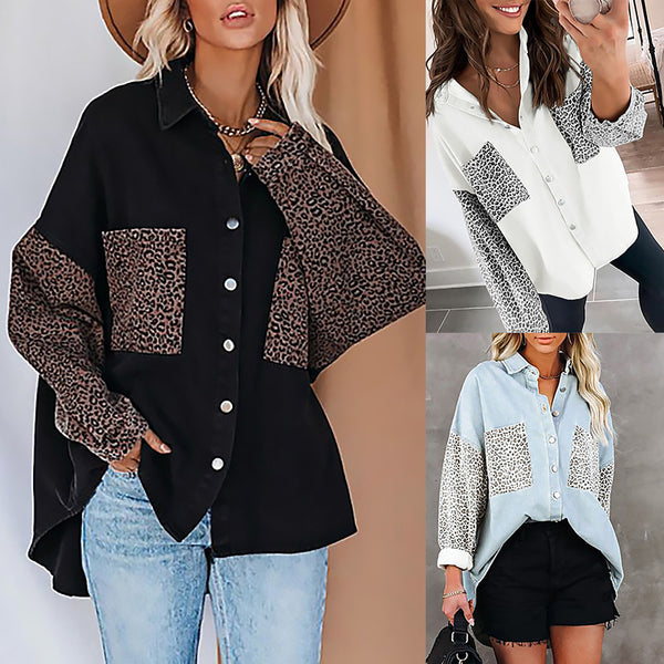 Women's Shirt Long Sleeve Pocket Leopard Print Blouses