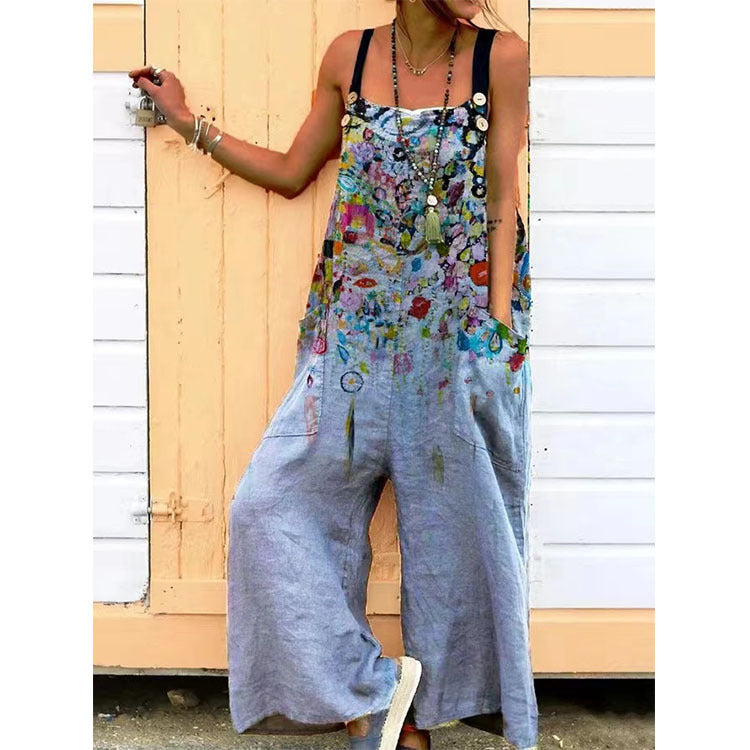 Creative Women's Printed Suspender Loose Casual Pants