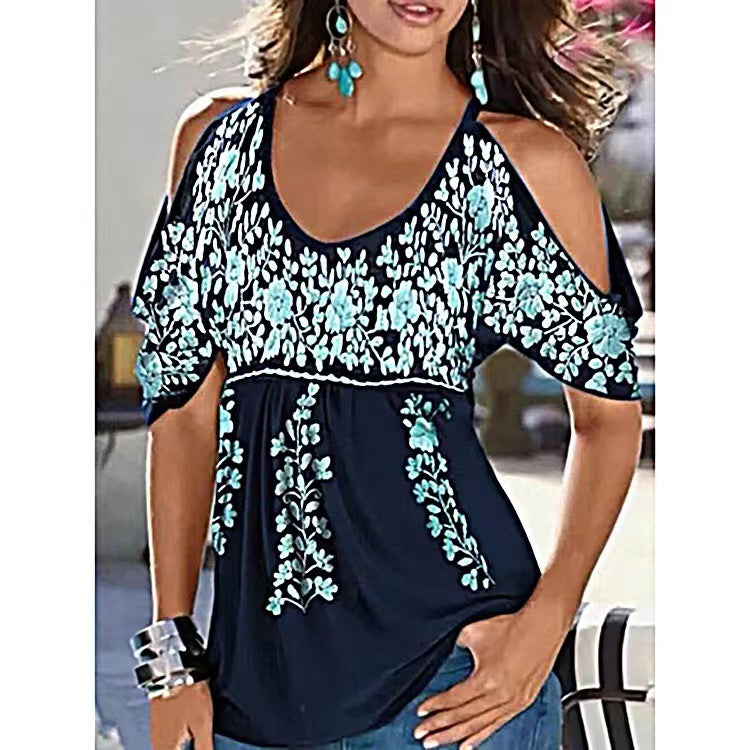 Women's Summer Loose V-neck Pleating Printed Off-shoulder Sleeve Blouses