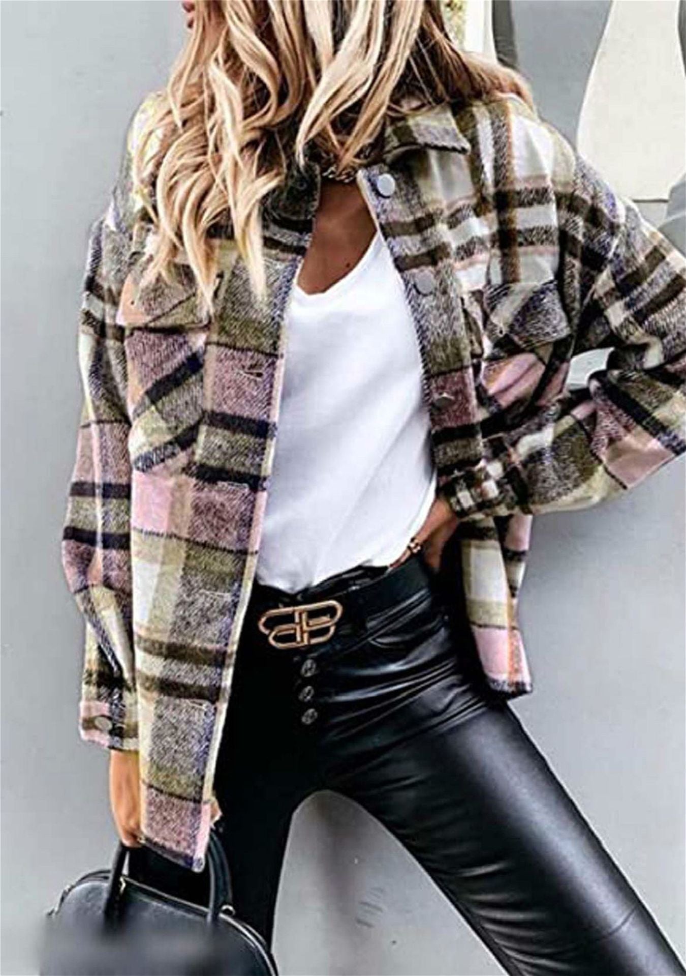 Women's Long Sleeve Large Pocket Loose Plaid Coats