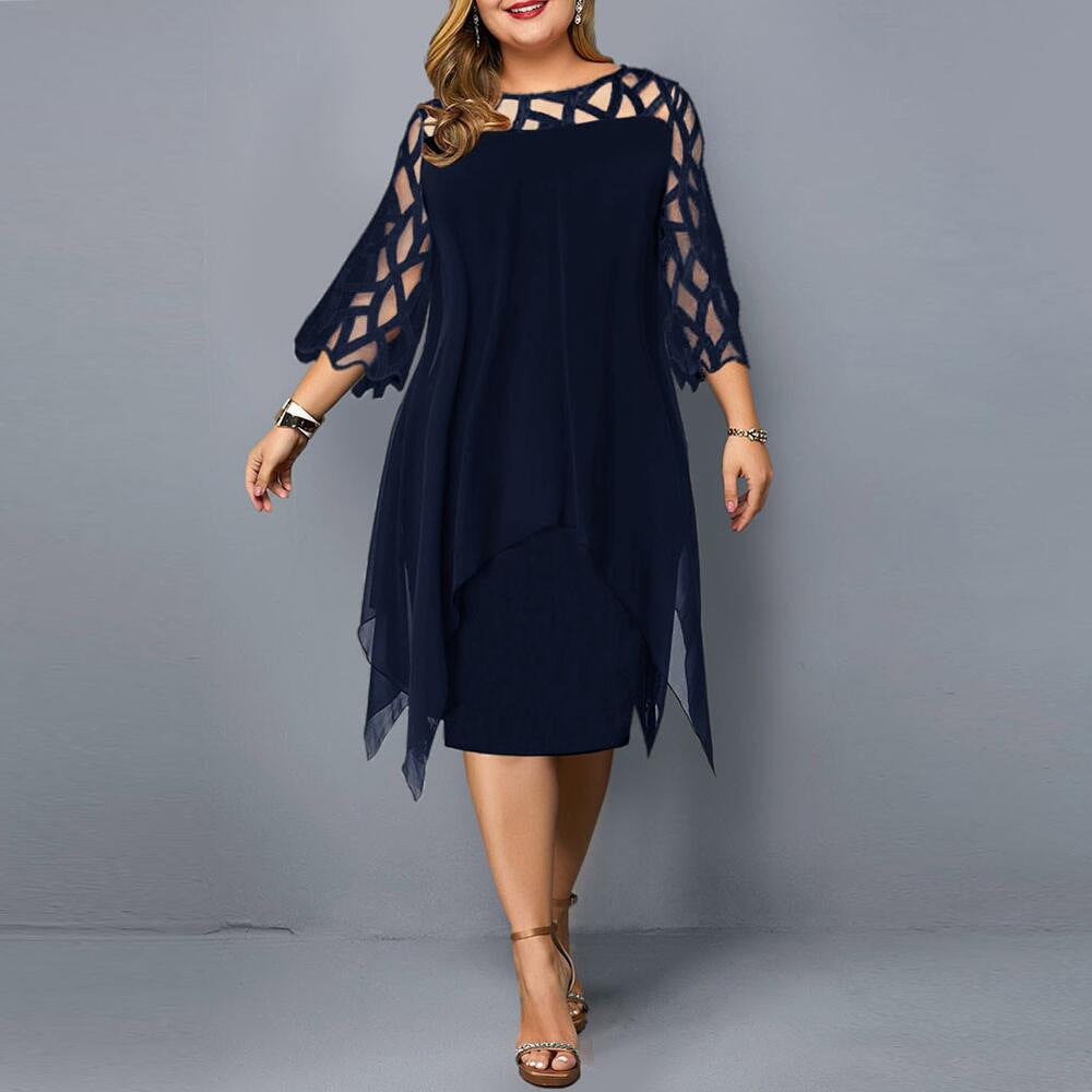 Lace Stitching 3/4 Sleeve Irregular Hem Chiffon Dresses