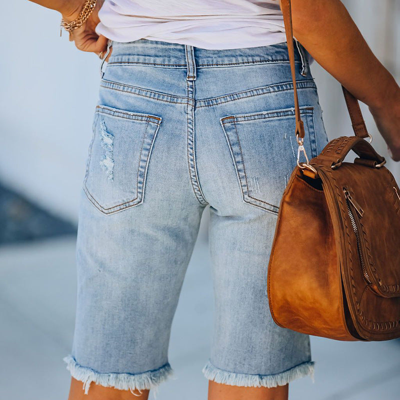 Women's Summer Street Tassel High Elastic Skinny Mid-waist Cropped Ripped Jeans
