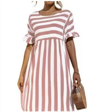 Women's Ruffled Sleeves Striped Patchwork Pocket Casual Dresses