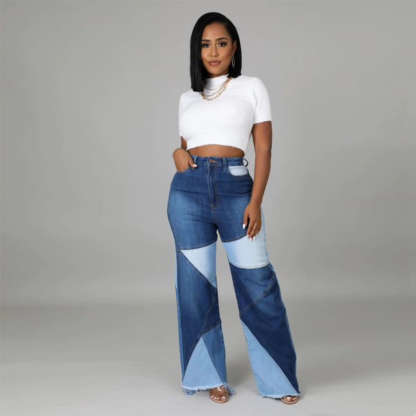 Women's Autumn Large Stitching Denim Trousers Jeans