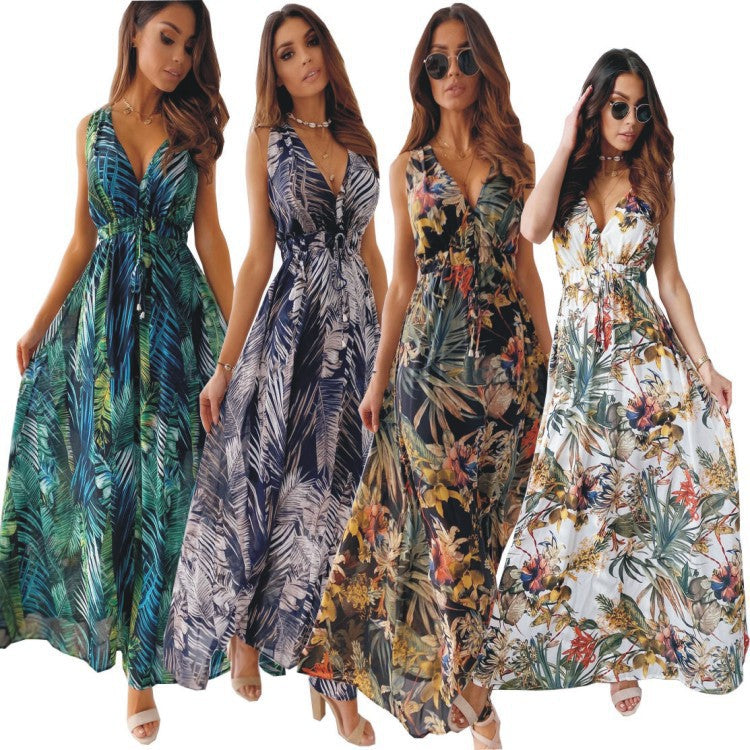 Summer Chiffon Printed Backless Lace Long Dresses