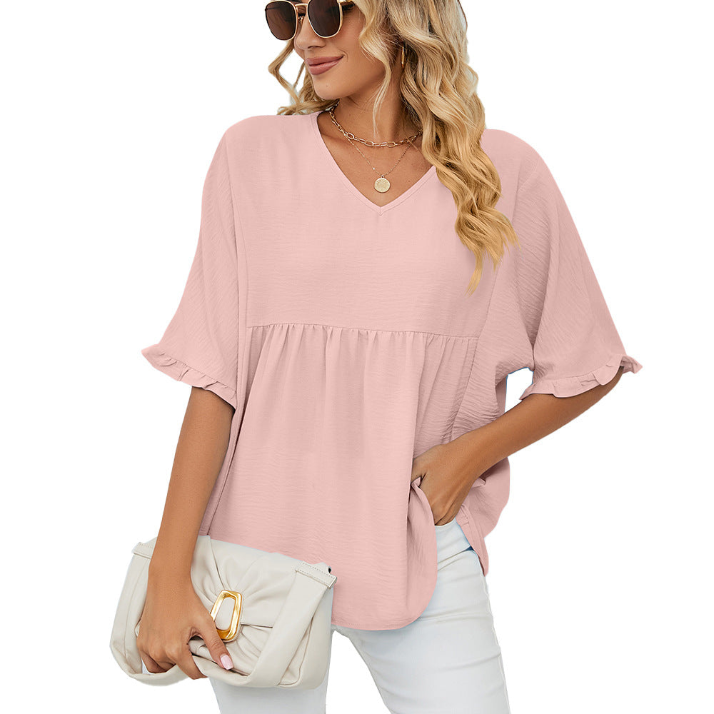 Women's Color V-neck Loose Pleated Stitching Half Blouses