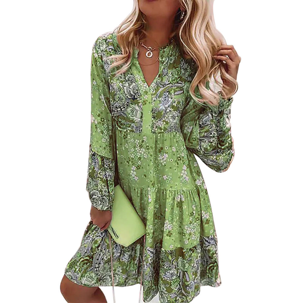 Summer Printed Loose Fashionable V-neck Pleated Dresses