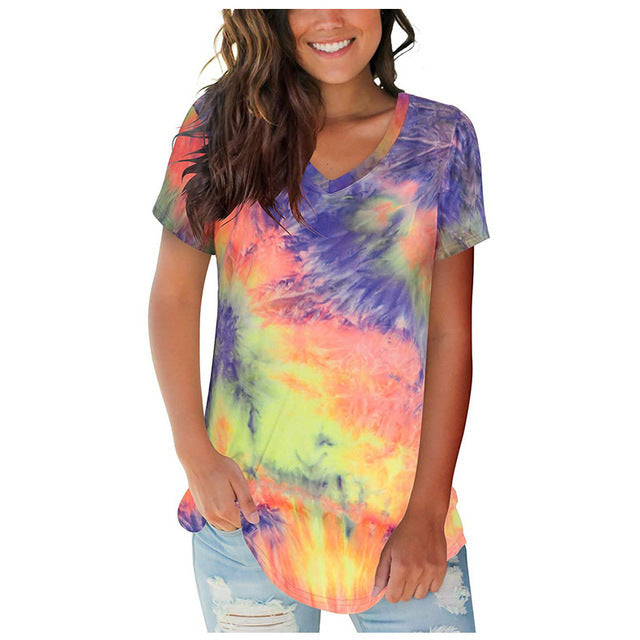 Women's Summer Street Hipster Pullover Tie-dyed V-neck Blouses