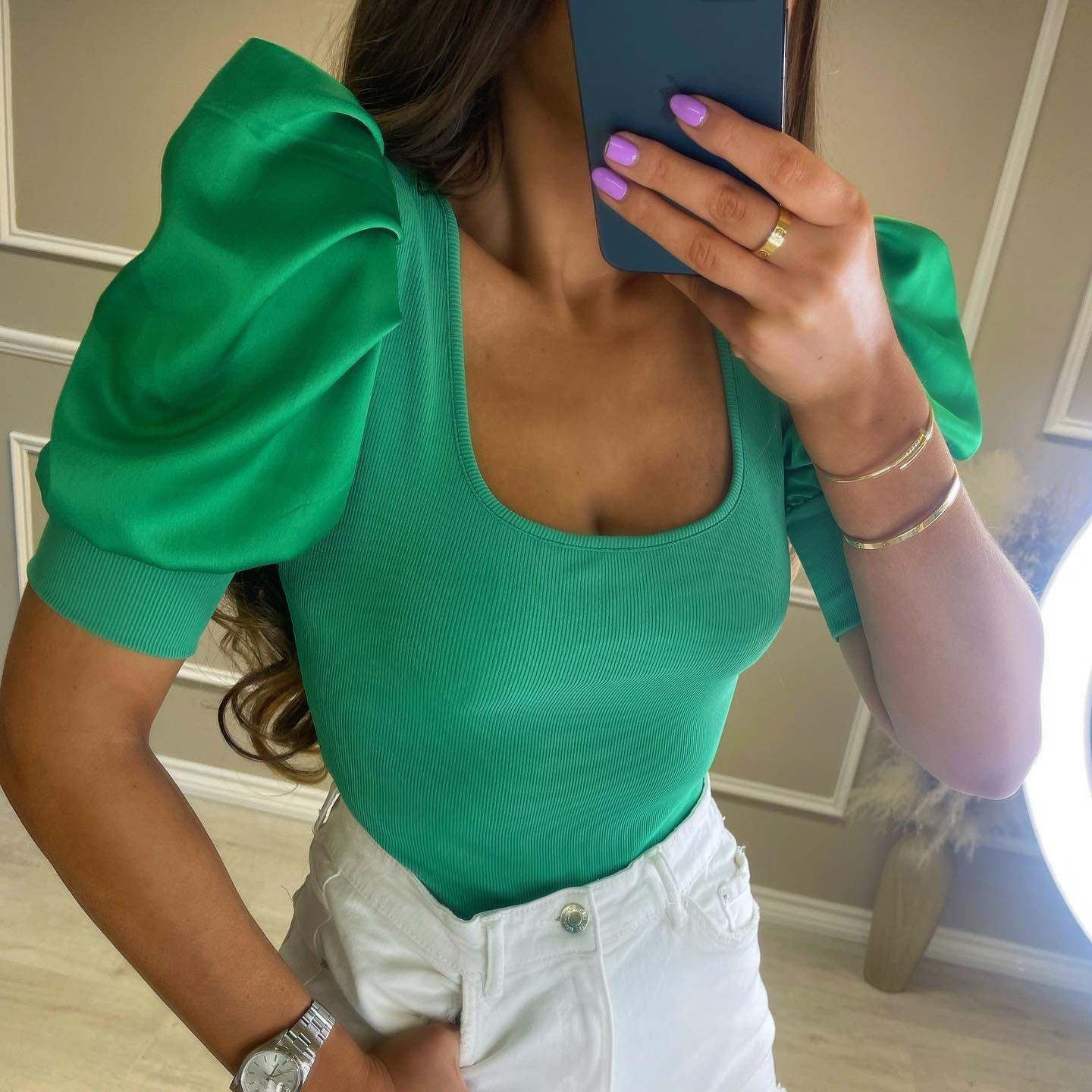 Women's Round Neck Puff Sleeve Thread Slim Blouses